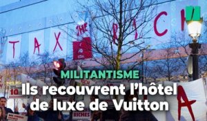Des militants d’Attac déploient une spectaculaire banderole sur l’hôtel de luxe Vuitton