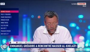 Le maire de Paris Emmanuel Grégoire et Nasser al-Khelaïfi assis côte à côte au Parc des Princes pour PSG-Toulouse - Foot - Ligue 1
