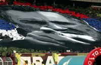 Les supporters de l'Étoile Rouge de Belgrade déploient un tifo en hommage à Ratko Mladic, ancien criminel de guerre - Foot - Serbie