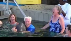 Un homme et un dauphin font un concours d'arrosage dans l'eau... Adorable