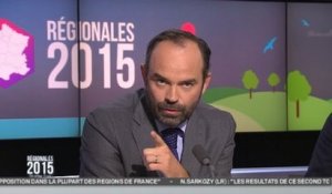 Edouard Philippe (LR) félicite le candidat du PS avant Hervé Morin qui remporte la Normandie