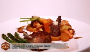 Le plat d'Anaïs : pigeonneau en croûte de noisettes, petits légumes croquants et des ballottines de cuisses à la farce mousseline