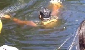 Un guide nourrit des alligators avec la bouche