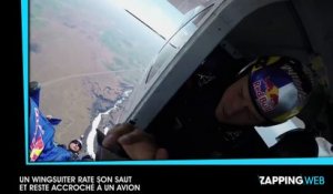 Un wingsuiter rate son saut et reste accroché à un avion en plein vol (vidéo)