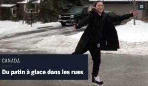 Au Canada, des habitants font du patin à glace dans des rues couvertes de verglas