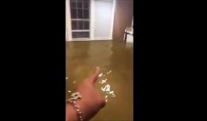 Un homme profite du passage de l'ouragan Harvey pour pêcher dans sa maison