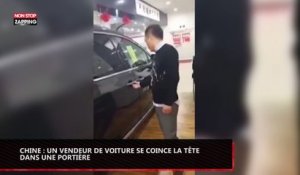 Chine : un vendeur de voiture se coince la tête dans une portière, la vidéo hilarante