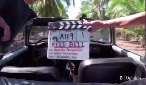 Uma Thurman en voiture lors du tournage de Kill Bill