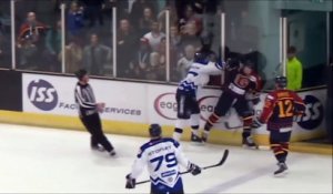 Un joueur de hockey met une grosse baffe à un supporter adverse