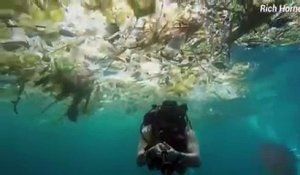 Un plongeur se filme nageant dans un océan de déchets