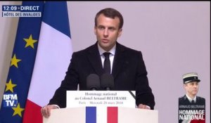 Hommage à Arnaud Beltrame: "Ce que nous combattons, c'est aussi cet islamisme souterrain qui progresse par les réseaux sociaux", dit Emmanuel Macron