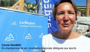 L'ex-championne de ski, Carole Montillet pose la première pierre du centre aquatique