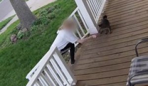 Une femme tente de voler un chat sur la terrasse d'une maison
