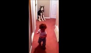 La réaction adorable de ce bébé avec son chien lorsqu'il entend l'aspirateur