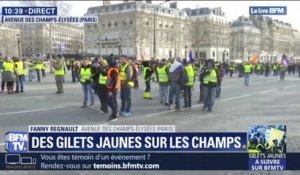 200 à 300 gilets jaunes sont mobilisés en haut des Champs-Élysées, la circulation est désormais bloquée