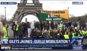 Quelques gilets jaunes réalisent un sit-in devant la Tour Eiffel ce matin
