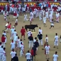 Le cornerback Josh Norman saute par dessus un taureau aux fêtes de Pamplune