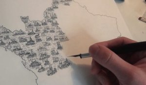 À seulement 19 ans, ce jeune dessinateur reproduit la carte de France à l'encre de Chine, en y intégrant les plus célèbres monuments