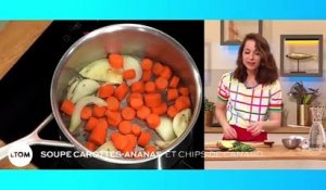 Soupe carotte-ananas et chips de canard