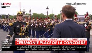 Cérémonie place de la Concorde : Emmanuel Macron passe en revue les troupes en format restreint