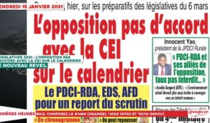Le Titrologue du 15 Janvier 2021: Législatives 2021, l’opposition pas d’accord avec la CEI sur le calendrier