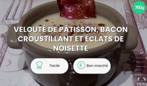 Velouté de pâtisson, bacon croustillant et éclats de noisette