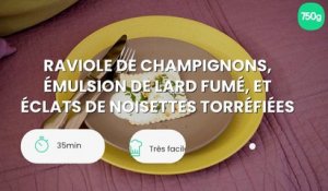 Raviole de champignons, émulsion de lard fumé, et éclats de noisettes torréfiées