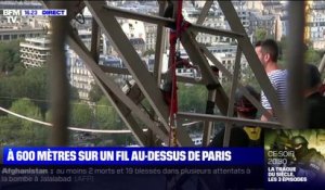 Paris: le funambule Nathan Paulin s'apprête à s'élancer depuis la Tour Eiffel, pour une traversée à 70 mètres de hauteur