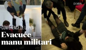Une militante de gauche traînée au sol lors de la conférence de presse de Marine Le Pen