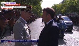 14-Juillet: Emmanuel Macron accueilli sur les Champs-Élysées par le chef d'État-major des armées