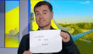 Le micro coupé à cause d'un bug technique, Laurent Luyat anime en écrivant sur des pancartes sur France 3 !