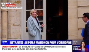 Marine Le Pen arrive à l'hôtel de Matignon pour s'entretenir avec Élisabeth Borne