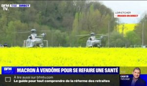 Emmanuel Macron s'apprête à quitter Vendôme à bord d'un hélicoptère