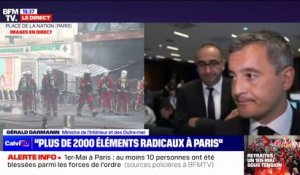 Manifestations du 1er-Mai: le policier victime d'un jet de cocktail Molotov à Paris "a le visage et les bras brûlés", mais "son pronostic vital n'est pas engagé", affirme Gérald Darmanin