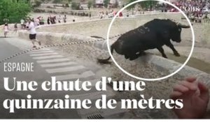 Un taureau se précipite dans le vide lors d'une fête traditionnelle en Espagne