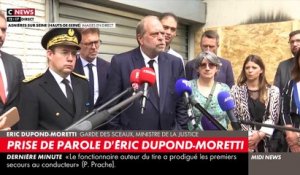 Nahel - Regardez la prise de parole du ministre de la Justice Eric Dupond-Moretti depuis Asnières-sur-Seine où le tribunal de proximité a été incendié - VIDEO
