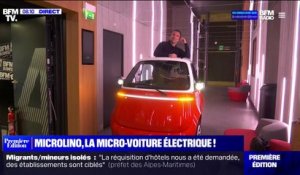 L'équipe de Première édition teste la Microlino, une mini-voiture électrique, dans les couloirs de BFMTV