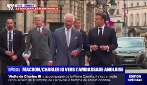 Emmanuel Macron accompagne Charles III vers l'ambassade du Royaume-Uni après leur entrevue à l'Élysée