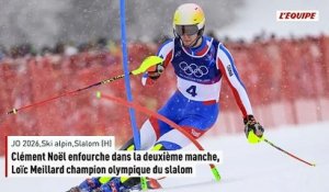 Clément Noël enfourche dans la deuxième manche, Loïc Meillard champion olympique du slalom - Jeux Olympiques - Ski alpin (H)