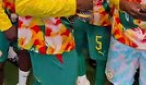 Les joueurs du Sénégal présentent le trophée de la CAN au Stade de France. - Foot - CAN