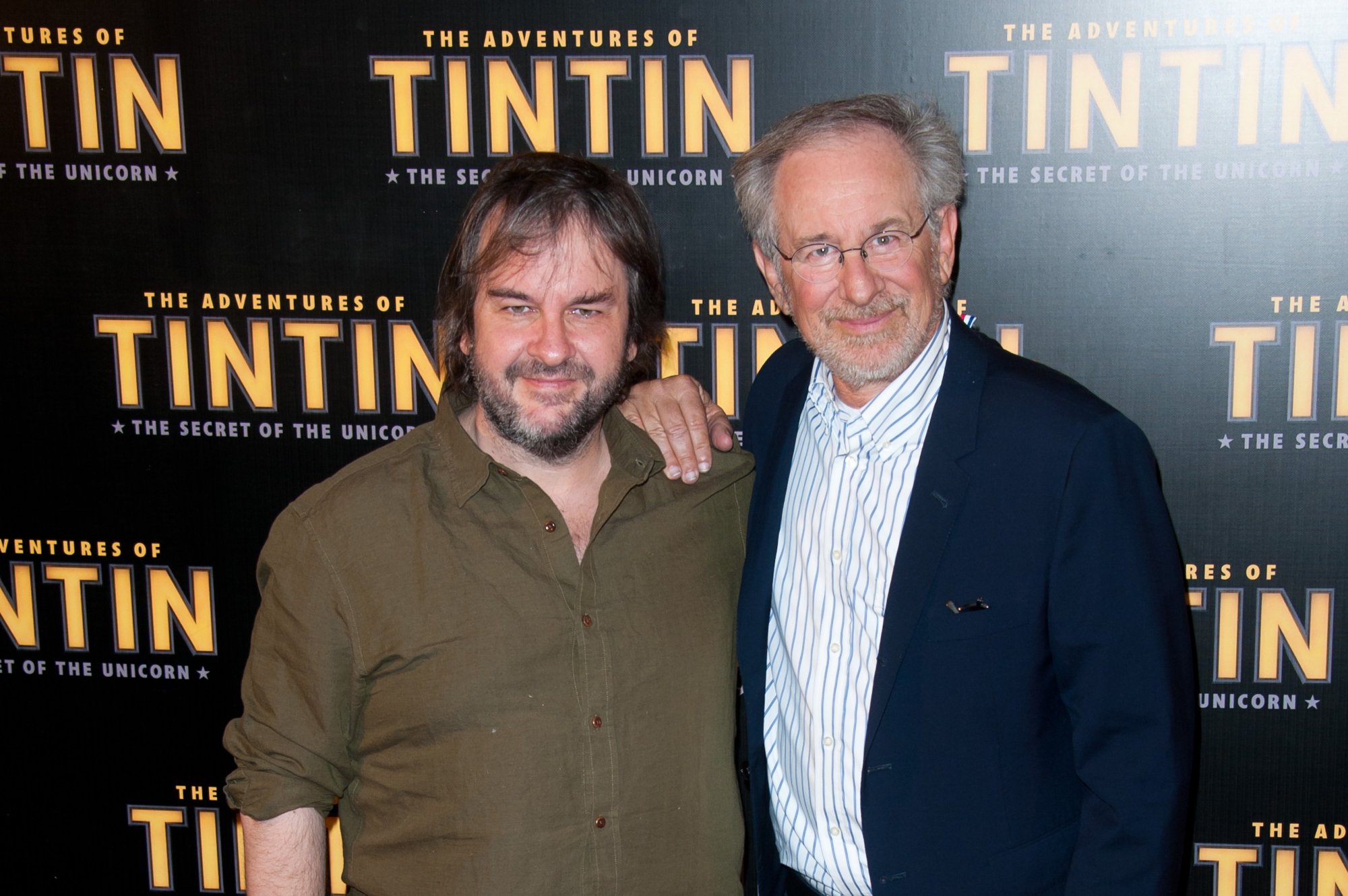 Peter Jackson et Steven Spielberg lors de l'avant-première française des Aventures de Tintin : le Secret de la Licorne en 2011