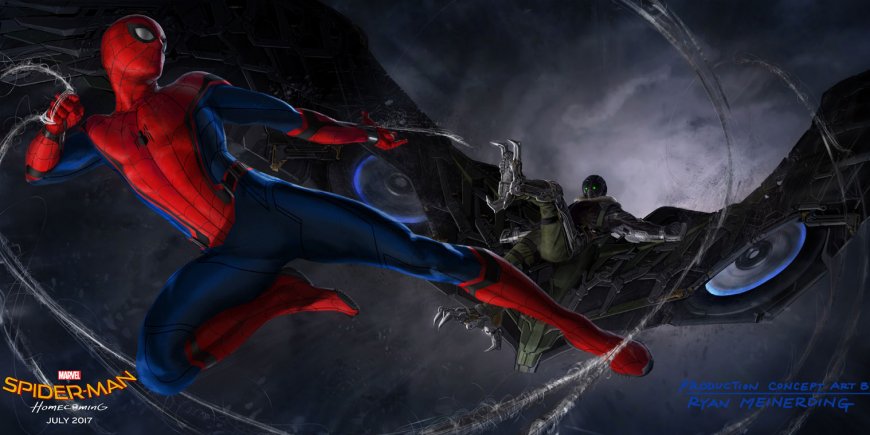 Concept art de la lutte entre Spider-Man et le Vautour dans 