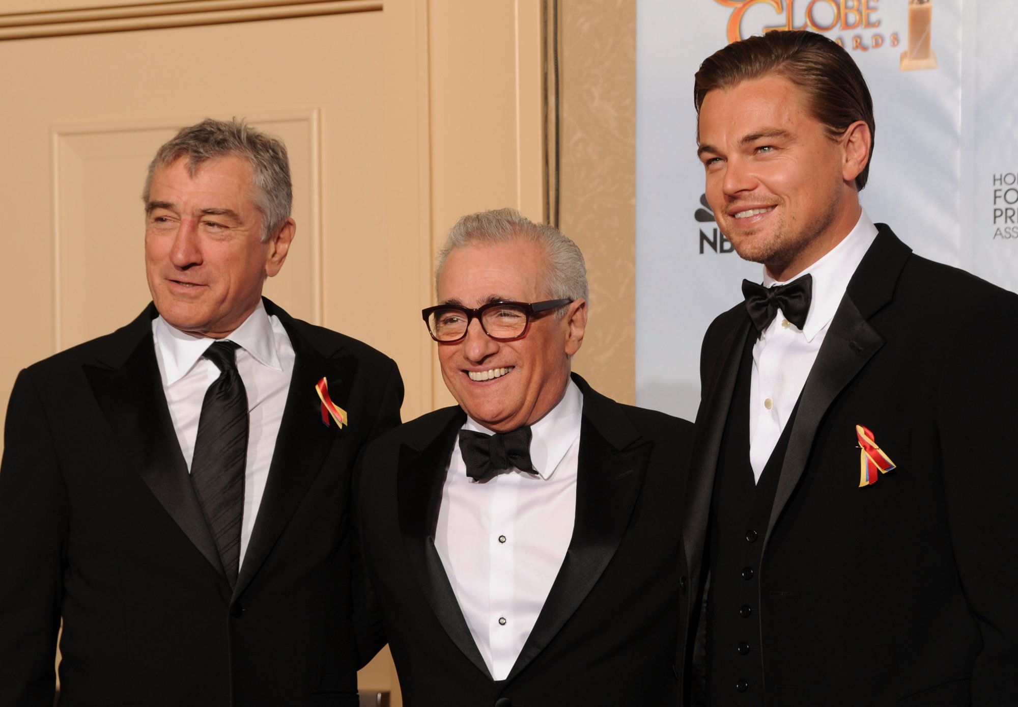 Martin Scorsese aux côtés de Robert De Niro et Leonardo Di Caprio en marge des Golden Globes à Los Angeles, le 17 janvier 2010.