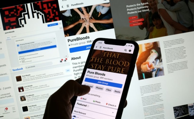Des sites et groupes Facebook visant à rechercher du sang issu de personnes non-vaccinées, sur écrans de téléphone et d'ordinateur, à Los Angeles, le 20 janvier 2023